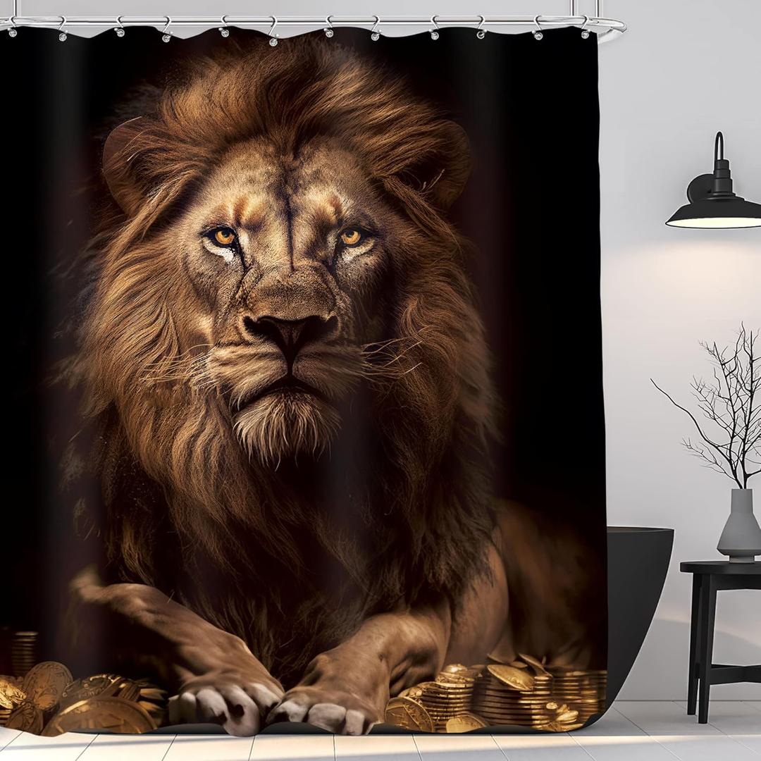 KOMLLEX African Lion Shower Curtain for Bathroom Decor 72Wx78H Inches Brown Jungle Vintage Golden Wildlife Funny Cool Safari Animal Black Fabric Waterproof Polyester 12 Pack Hooks