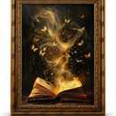 Vintage Gold Framed Moody Victorian Bookish Wall Art Butterfly Hovering Over the Book Wall Decor Dark Academia Fantasy Painting Poster for Bedroom 16x24 In