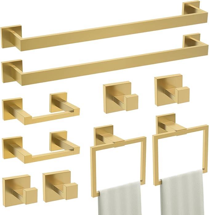 TURS 10-Piece Bathroom Hardware Accessories Set Brushed Gold Towel Bar Holder Set SUS304 Stainless Steel Towel Racks for Bathroom Wall Mounted, 23.6-Inch TURS 10-Piece Bathroom Hardware Accessories Set Brushed Gold Towel Bar Holder Set SUS304 Stainless Steel Towel Racks for Bathroom Wall Mounted, 23.6-Inch