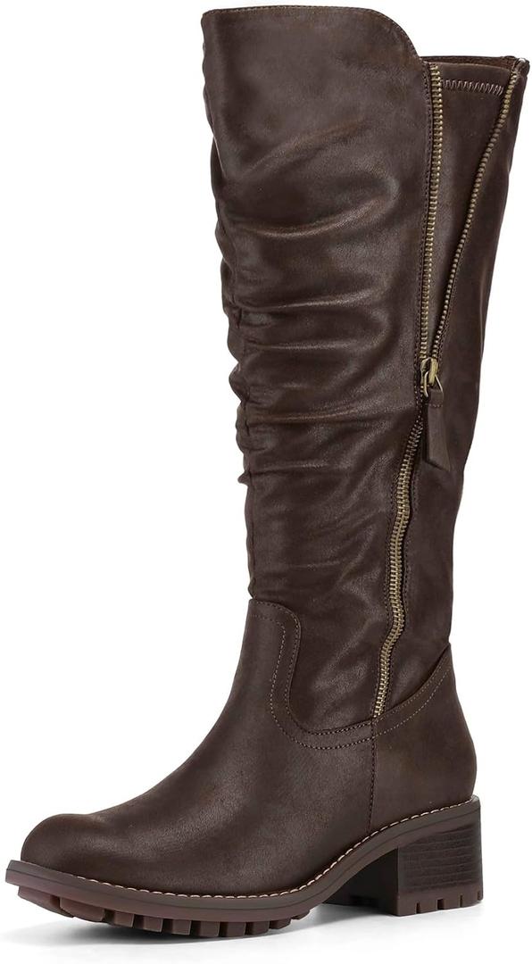 mysoft Women's Knee High Boots Side Zipper Lug Sole 2 Inch Stacked Chunky Heel Boots (7.5, Coffee)