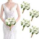 Set of 4 Bridesmaid Bouquet White Wedding Flowers Bouquets - Artificial Rose and Baby's Breath Rustic Small Floral Bouquet for Bridesmaid Fake Sage Green Boho 7 inch Wedding Decor