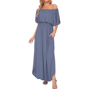 AUSELILY Womens Off The Shoulder Dress Summer Casual Long Ruffle Party Side Split Beach Maxi Dresses with Pockets, XXL