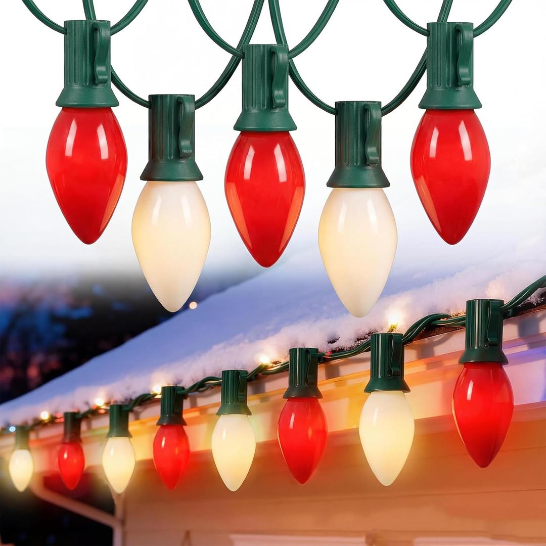 Pallerina C7 LED Christmas Lights,25ft Red and White Outdoor String Lights with 27 Ceramic Bulbs(2 Spare), Plug-in Vintage Commercial Christmas Lights String for Outside Roofline Patio Holiday Decor