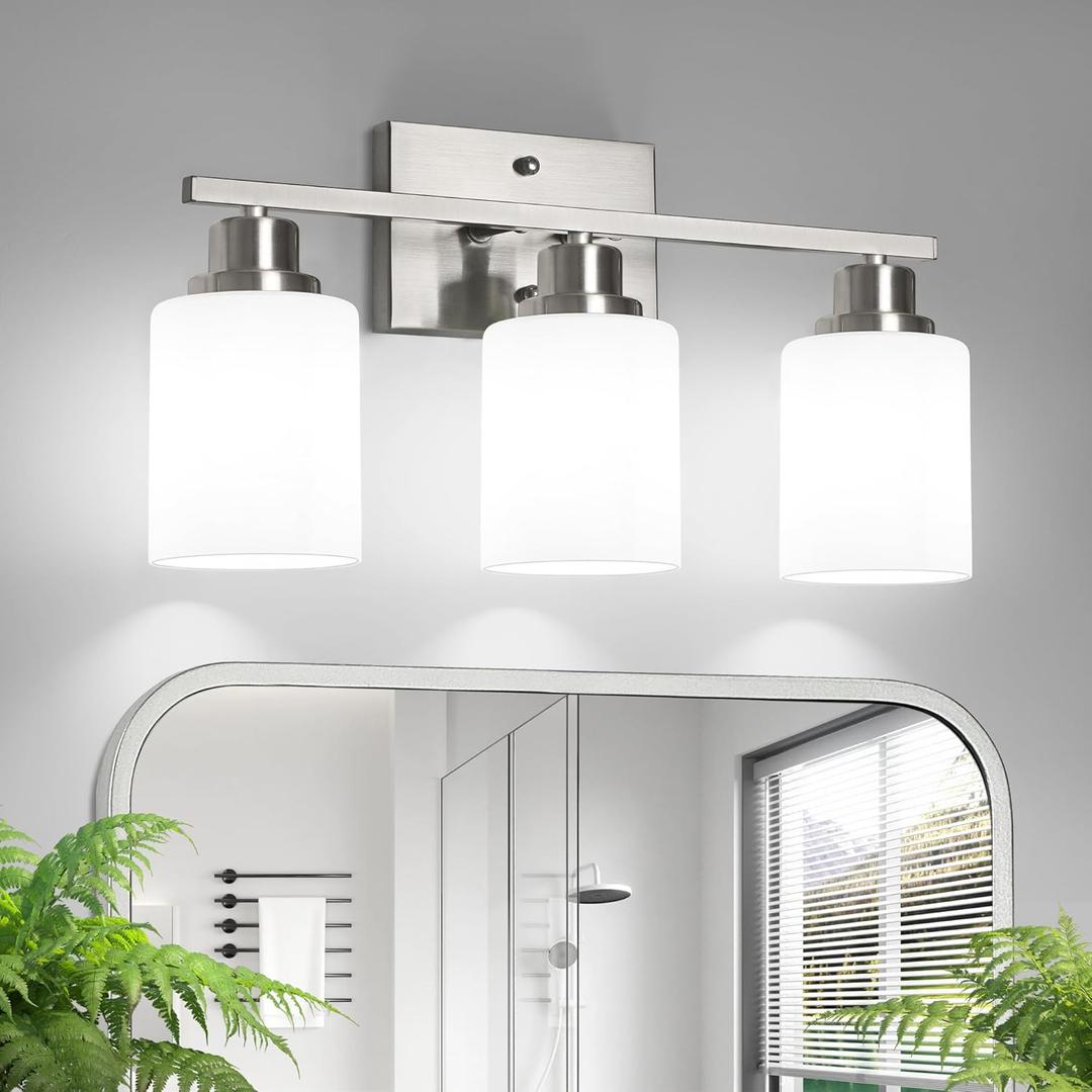 Ascher Bathroom Light Fixtures, 3-Light Vanity Light Over Mirror, Brushed Nickel Wall Sconces with Milky White Frosted Glass Shades, Wall Lamp for Living Room Bedroom, E26 Base(Bulbs Not Included)