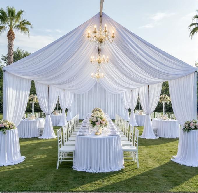 PartyVillage 10 Panels 5ftx20ft White Ceiling Drapes for Wedding Parties  20 FT Extra Long Thick Polyester Wrinkle-Free Drapery Tent Decor Decorations for Birthday Party Ceremony Stage Swag