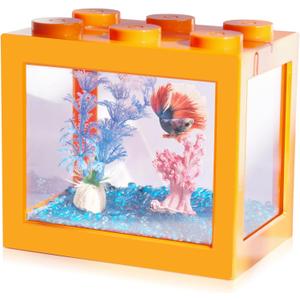Small Betta Fish Tank, Stackable Mini Fish Tank Aquarium Tank Kit, 3/5 Gallon Rectangular Fish Bowl with Aquarium Gravel Decoration, Tiny Cube Tank for Seaweed Balls Sea Monkeys (Orange)