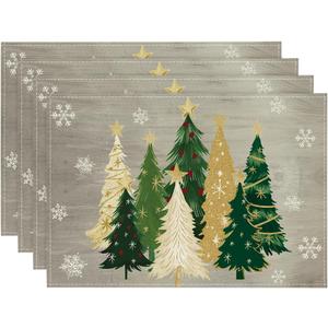 Artoid Mode Xmas Trees Snowflakes Winter Placemats Set of 4, 12x18 Inch Seasonal Gray Christmas Table Mats for Party Kitchen Dining Decoration