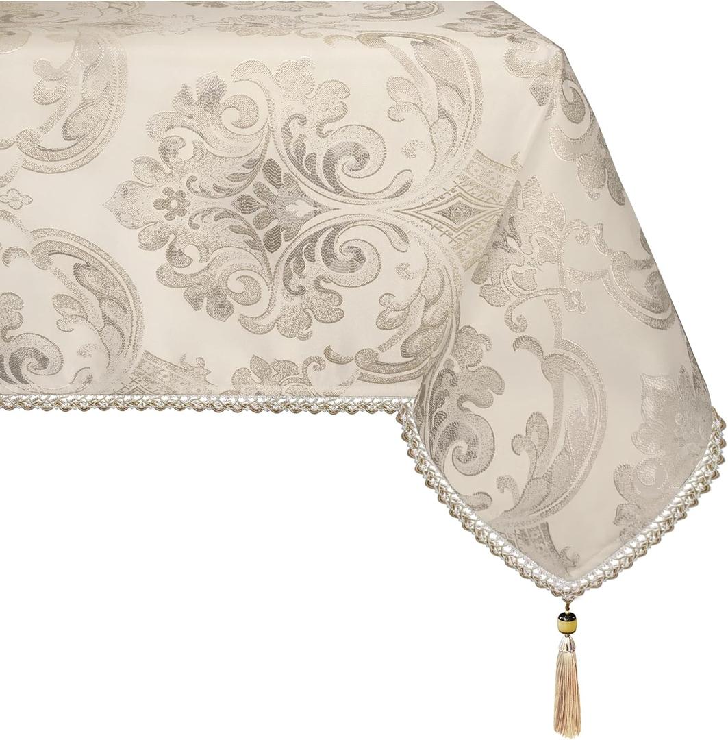 Loom and Mill Luxury Tablecloth 60 x 104 Inches, Elegant Classic Jacquard Rectangle Waterproof Table Cover with Handmade Tassels for Dining Room Banquet Decorations(Light Apricot, 60"x104")