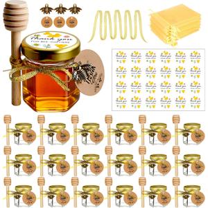 Ahhute Honey Jar, Mini Honey Jars with Dipper, Glass Honey Pot Baby Shower Favors, Party Favors & Wedding Favors, Hexagon Honey Container with Lid, Bee Charms, Fabric Ribbons and Bags, 20 Pack 1.5oz