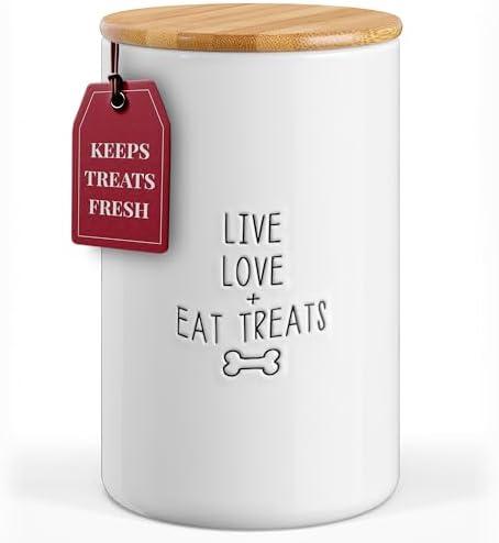Barnyard Designs Large Dog Treat Container Airtight with Lid, Cute Rustic Ceramic Dog Treat Storage Jar for Kitchen Counter, White (Live Love Eat Treats)