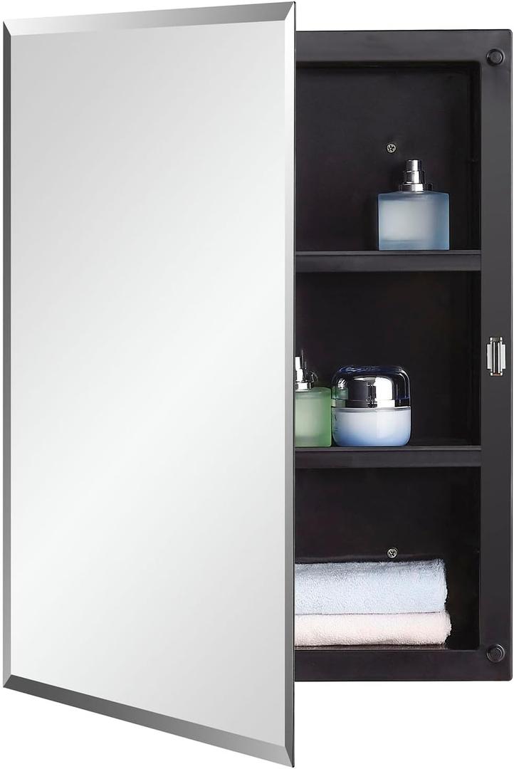 Black Plastic Bathroom Medicine Mirror Cabinet Beveled Edge, 16 x 20 inch, Surface and Recessed Mount