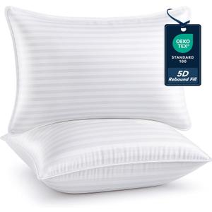 Deconovo Luxury Striped Pillows for Sleeping - Oeko-TEX Certified, for Back, Stomach or Side Sleepers, Breathable Cotton Cover, Cooling, Machine Washable  2 Pack Queen Size (20x30), White