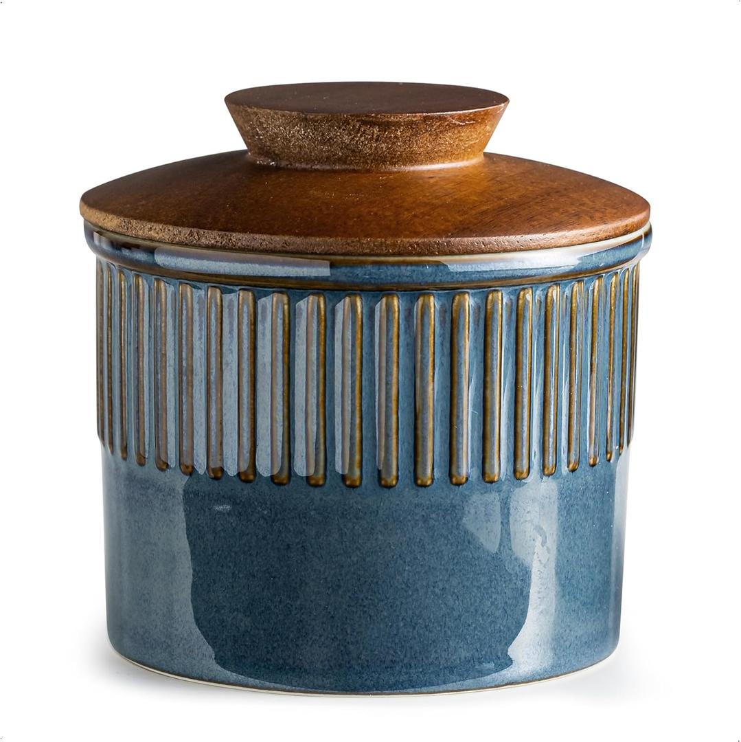Ceramic Butter Dish with Lid, Butter Crock for Countertop, French Butter Keeper, Classic Stripe Pattern, Blue (Stripe-3.94"dia)
