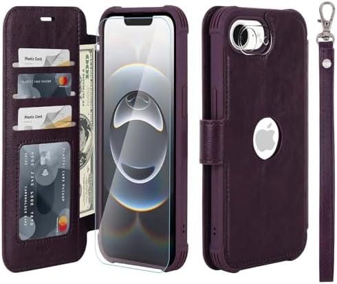 VANAVAGY Compatible for iPhone 16e Wallet Case, RFID Flip Shockproof Case with Card Holder Strap Kickstand, [Camera Lens & Screen Protector] PU Leather Phone Cover for Wireless Charging,Purple