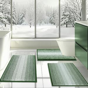 BSICPRO Bathroom Rugs Sets 3 Piece, Toilet Rugs U-Shaped Contour Bath Mat Set, Striped Absorbent Non Slip Chenille Shower Mat, Hunter Green