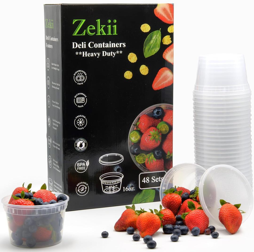 Zekii EXTRA THICK Deli Containers with Lids, [48Sets 16oz] Soup Containers w/Lids Airtight, Disposable, BPA Free, Takeout soup Cups, Meal Prep, Food Storage Containers with Measurements