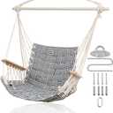 [Upgraded] Hammock Chair Hanging Swing with Wooden Armrests;Steel Spreader Bar and Anti-Slip Rings;Cotton Woven Fabric;Up to 300 Lbs for Bedroom,Patio,Porch,Deck-Indoor Midnight Blue Stripe