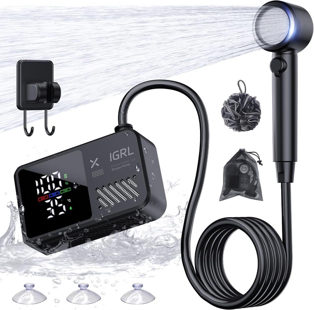 Portable Shower for Camping, Powerful 10L/Min Water Flow, Rechargeable Shower Pump with Bath Sponge, 4 Spray Modes, IPX8 Waterproof, 7800mAh Battery, Ideal for Hiking, Travel, Car Wash, Pet (Black)