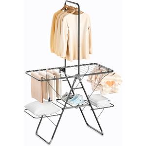 Bigzzia Clothes Drying Rack Foldable, 67.13Inch High Hanger Laundry Drying Rack with 4 Height-Adjustable Wings, Lightweight and Space Saving Clothes Airer for Apartments, Dorms, Camping, Gray