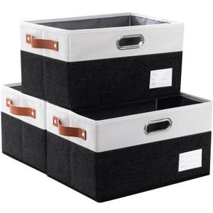 PRANDOM Larger Foldable Storage Bins with Handles [3-Pack] Fabric Collapsible Storage Boxes Baskets Cubes Containers with Handles for Closet Living Room Bedroom (Black & White 17.3x12.2x10.4')