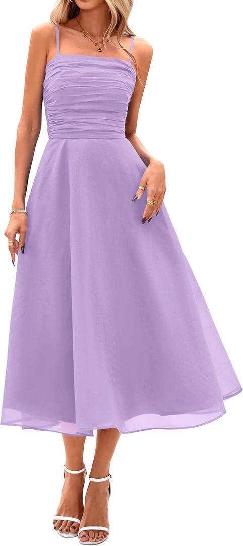 PRETTYGARDEN Womens Summer Dresses 2025 Spaghetti Strap Sleeveless Smocked Flowy Midi Wedding Guest Dress with Pockets (Small, Purple)