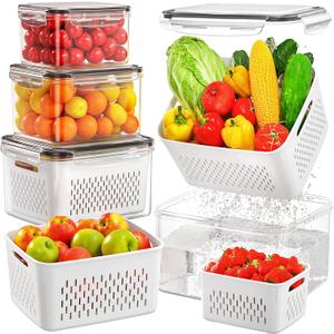 4 Pack Fruit Storage Containers for Fridge with Removable Colanders, Airtight Produce Vegetable Berry Containers for Fridge, All-In-One Food Storage Containers for Washing, Draining, Freshness (Mini, transparent)