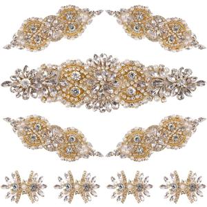 9 Pack Rhinestone Crystal Wedding Applique Iron on Patch DIY Sewing Appliques for Bridal Dress Clothes Shoes Decoration Handmade Wedding Accessories (Gold)