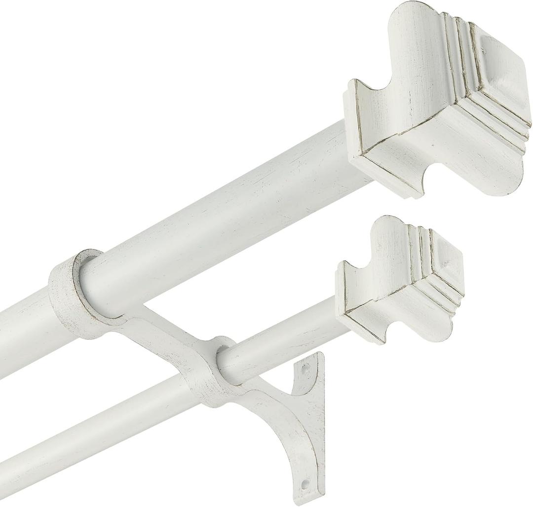Double Curtain Rods for Windows 36 to 72 Inches, Heavy Duty Double Curtain Rod with Square Retro Finials and Double Aluminum Bracket, Adjustable Double Rod for Curtains, Antique White