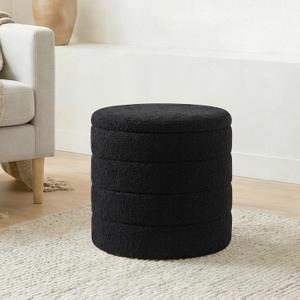 17" Round Storage Ottoman,Boucle Sherpa Ottoman with Tray, Faux Teddy Foot Rest Coffee Table for Bedroom Dorm Living Room,Black