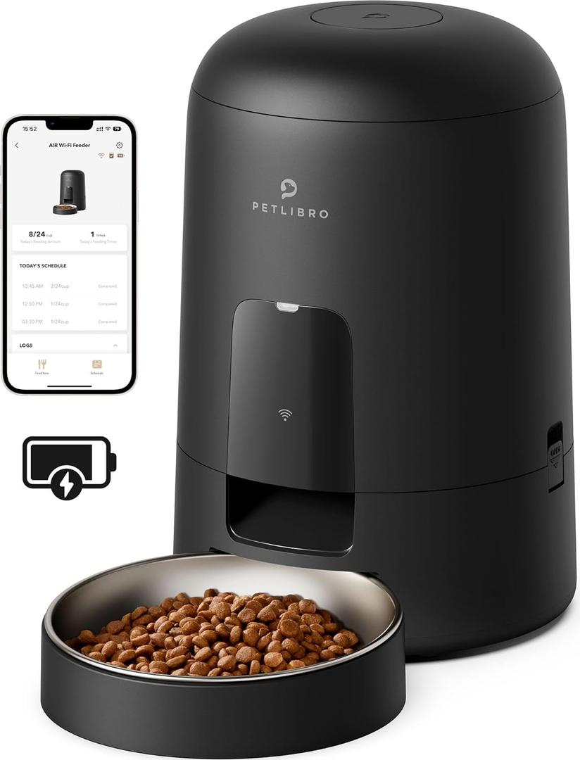 PETLIBRO Automatic Cat Feeder, Wi-Fi Rechargeable Cats Food Dispenser Battery-Operated with 30-Day Life, AIR 2.4G Wi-Fi Timed Pet Feeder for Cats & Dogs, 2L Auto Cat Feeder, Black (2L-with WiFi)
