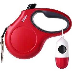 Fida Retractable Dog Leash with Dispenser and Poop Bags, 10 ft Pet Walking Leash for X-Small Dog or Cat up to 18 lbs, Anti-Slip Handle, Tangle Free, Reflective Nylon Tape (XS, Red)