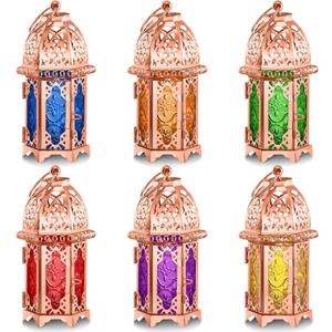 Mumufy 6 Pcs Ramadan Lantern Eid Decorations for Home Gold Moroccan Lamp Decor Vintage Lanterns Decorative Eid Mubarak Hanging Candle Lantern for Party Decor (Rose Gold)