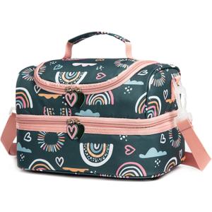 Insulated Kids Dual Compartment Lunch Bags Tote Pack for Girls Boys Toddler Kindergarten School Picnic Cooler Thermal Lunch Boxes with Strap (Green Rainbow)