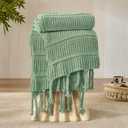 Boho Knitted Chenille Blanket with Tassels - Lightweight & Soft All-Season Throw - 3D Classic Pattern for Living Room Bedroom Couch, Sage Green, Queen 90"x90"