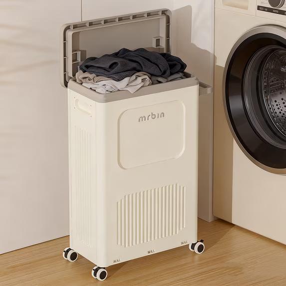 MRBIN Laundry Hamper with Lid, 50L / 13.2gal Slim Laundry Basket with Wheels Closet Rectangle Containers, Bathroom Narrow Dirty Clothes Bin Rolling Utility Organizer Large Boxes Cart, White