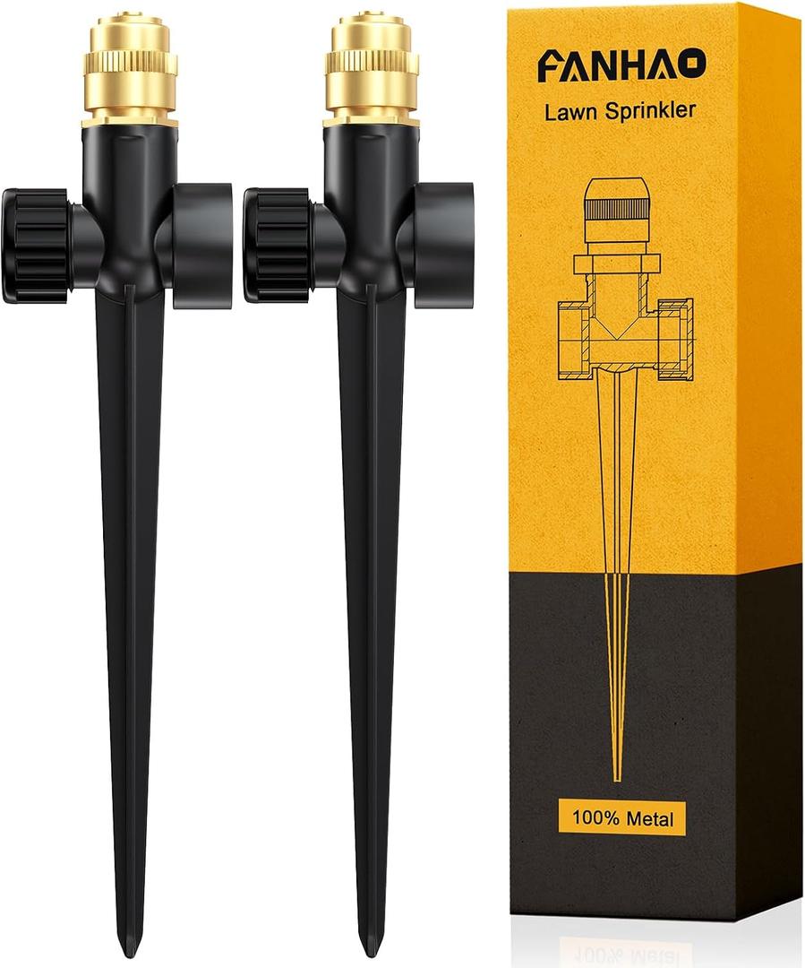 FANHAO 2 Pack Metal Lawn Sprinkler for Yard, Automatic Garden Water Sprinkler on Spike Base, Adjustable Irrigation System 360 Degree Large Area Coverage for Lawn Grass Patio Garden Irrigation