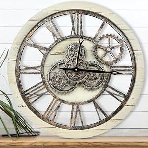 The B-Style Large Wall Clock 24 inch Moving Gear Wall Clock Oversized Vintage Farmhouse Wall Clocks for Living Room Decor Rustic Industrial Wood Clock (Desert Beige and Bronze, 36 inch/ 90cm)