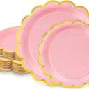 50 Pcs Light Pink Paper Plates, 25 Pcs 9" and 25 Pcs 7" Disposable Pink Scalloped Plates with Gold Foil for Graduation Wedding Baby Shower Birthday Party Picnic BBQ Valentines Day