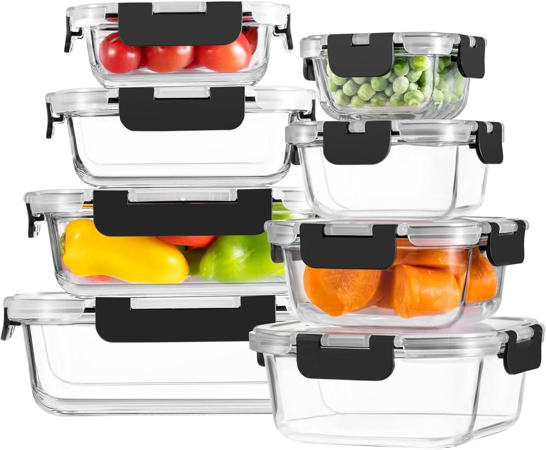 8 Pack Borosilicate Glass Food Storage Containers with Lids, Glass Meal Prep Containers, Airtight Bento Lunch Boxes with Leak Proof Locking, Oven, Freezer and Dishwasher Safe, BPA Free, 5-35oz (Deep Black)