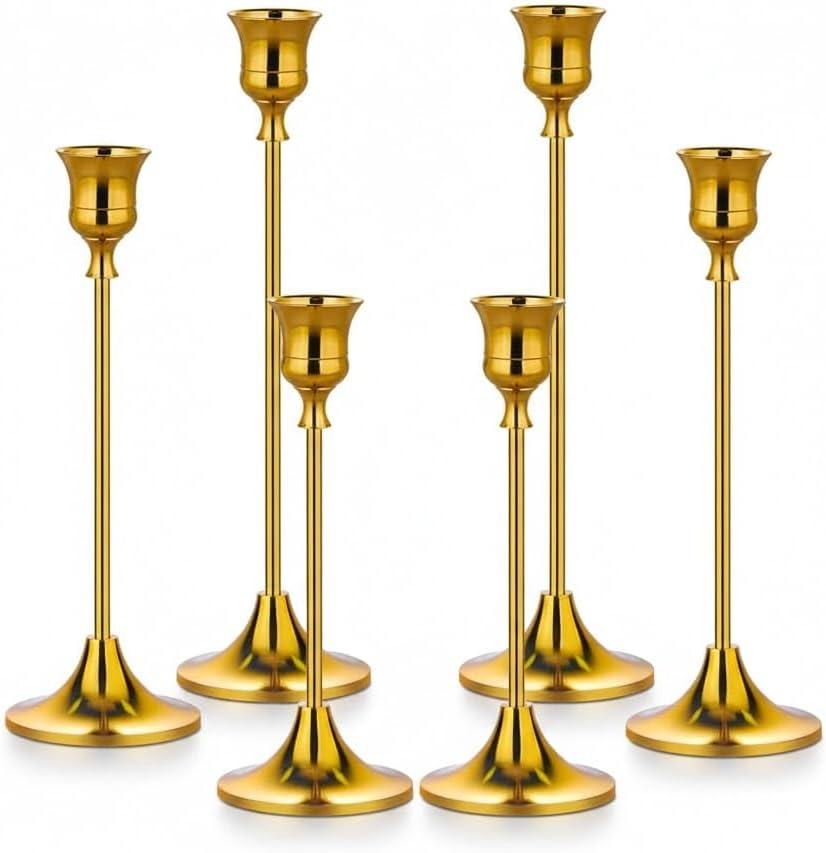 Gold Candlestick Holders Set of 6  Decorative Taper Candle Holders for Home Decor, Weddings, Parties  Metal Candle Stands Brushed Finish  Easy Assembly  Fits Standard & LED Candles - Christmas