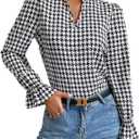 Floerns Women's Houndstooth Print Notched V Neck Long Sleeve Casual Blouse Tops (Medium, Black and White)