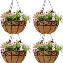 14 inch Metal Hanging Baskets For Plants Outdoor 4 Pack Round Metal Wire Hanging Basket Planter with Coco Fiber Liners Chain Round Wire Plant Holder for Garden, Patio, Deck, Porch Plants Flower Potss