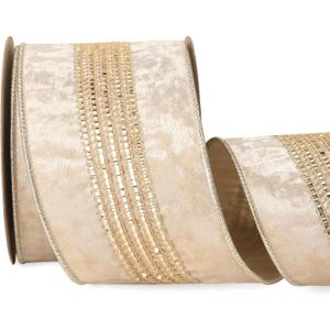 Ribbli Light Champagne Velvet Wired Ribbon with Luxurious Glittering Stripe 4 Inch Christmas Ribbon for Tree Gift Wrapping Wreaths Garland Topper Bows Crafts Home Decor -10 Yards