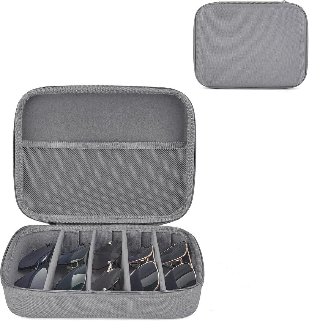 Mkono Travel Sunglasses Organizer Glasses Case Multiple Pairs with Adjustable Slots Eyeglasses Case Storage Box for Men (5 Slots, Gray)