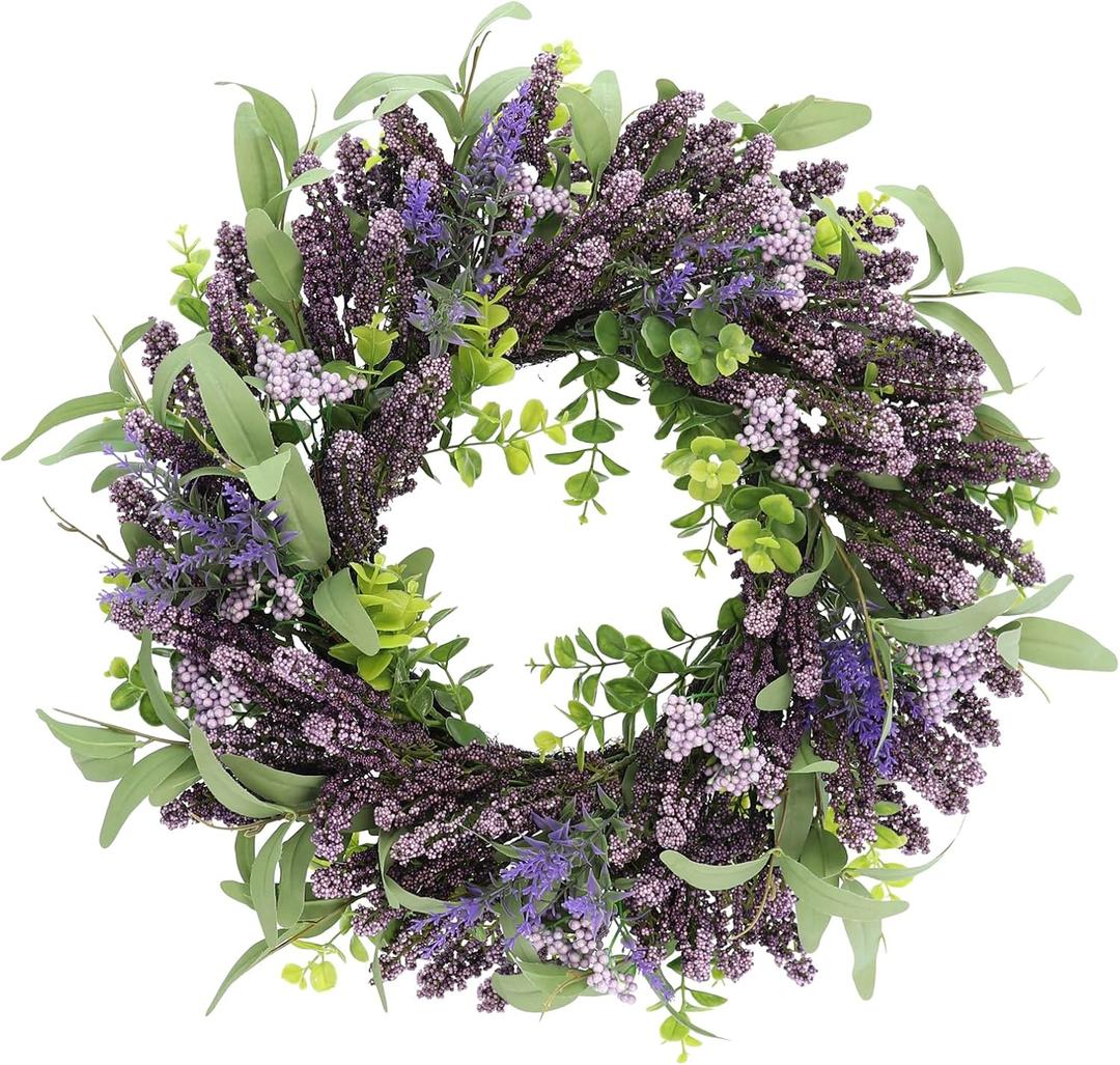 26 Inch Lavender Wreath for Front Door, Spring Summer Purple Flower Wreath with Eucalyptus Leaves for Indoor Outdoor Wall Window Wedding Festival Decor for All Seasons Purple&green