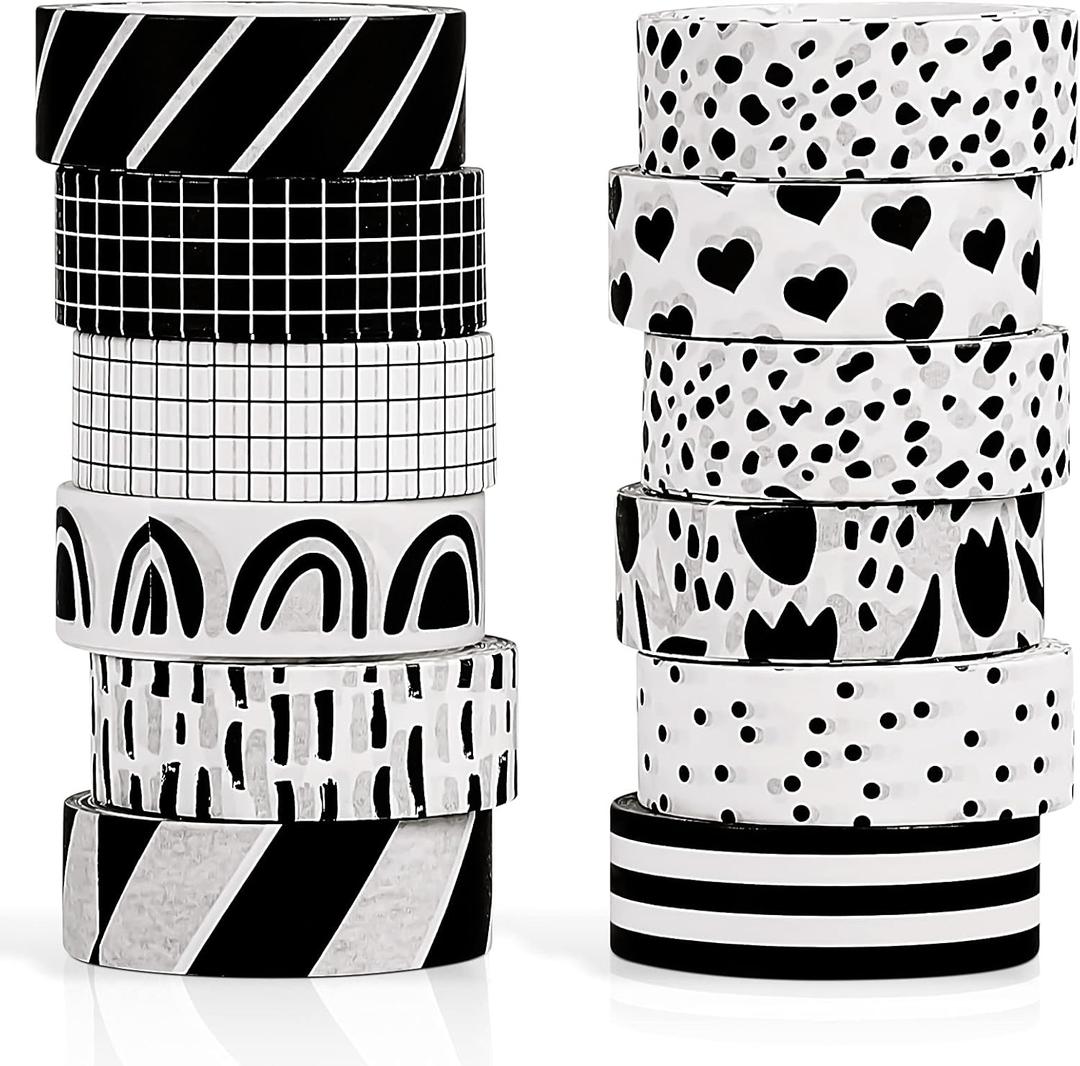 Outus 12 Rolls Washi Tape Set Black White Paper Thin 15 mm Wide 7 Meters Long Decorative Craft Adhesive Masking Tape Washi Tape Black White Strip for DIY Wrapping Decoration (Stylish Style)