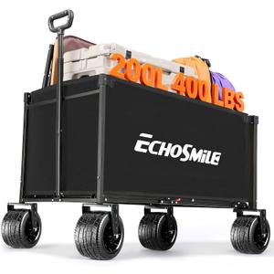 EchoSmile Collapsible Wagon Cart for Camping & Beach - Heavy Duty 400lbs Capacity All-Terrain Cart with Wide Wheels, Portable Folding Utility Wagon for Grocery, Garden, Sports,Black