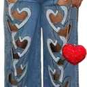 Famnbro Womens Ripped Jeans Heart Cutout Baggy Y2k High Waisted Straight Wide Leg Sexy Denim Pants (Large, Blue)