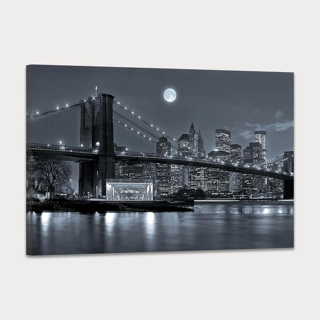 SKASNFAI New York City Canvas Wall Art Brooklyn Bridge Pictures Cityscape Artwork for Home Office Wall Decor Black and White Skyline Posters Prints Framed 16X24 Inch