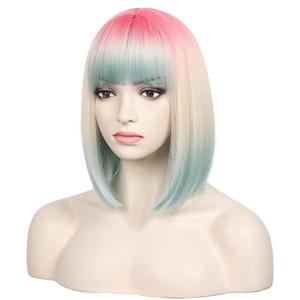WildCos Short Bob Wig With Bangs 14 Inches Synthetic Cosplay Wig for Women (Pink - Blonde - Blue)